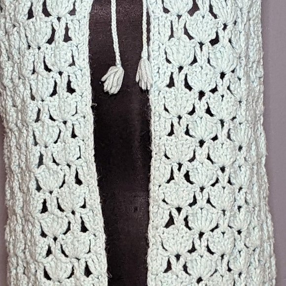 Vintage Hand Crochet Long Cardigan w/ Fringe Mint Green Size Large - Picture 9 of 9